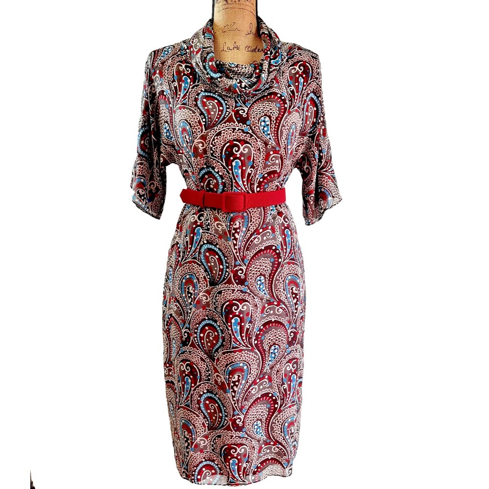 ESCADA Women's 100% Silk Blue Maroon Paisley Cowl Neck Midi Dress Sz 6/IT 36
